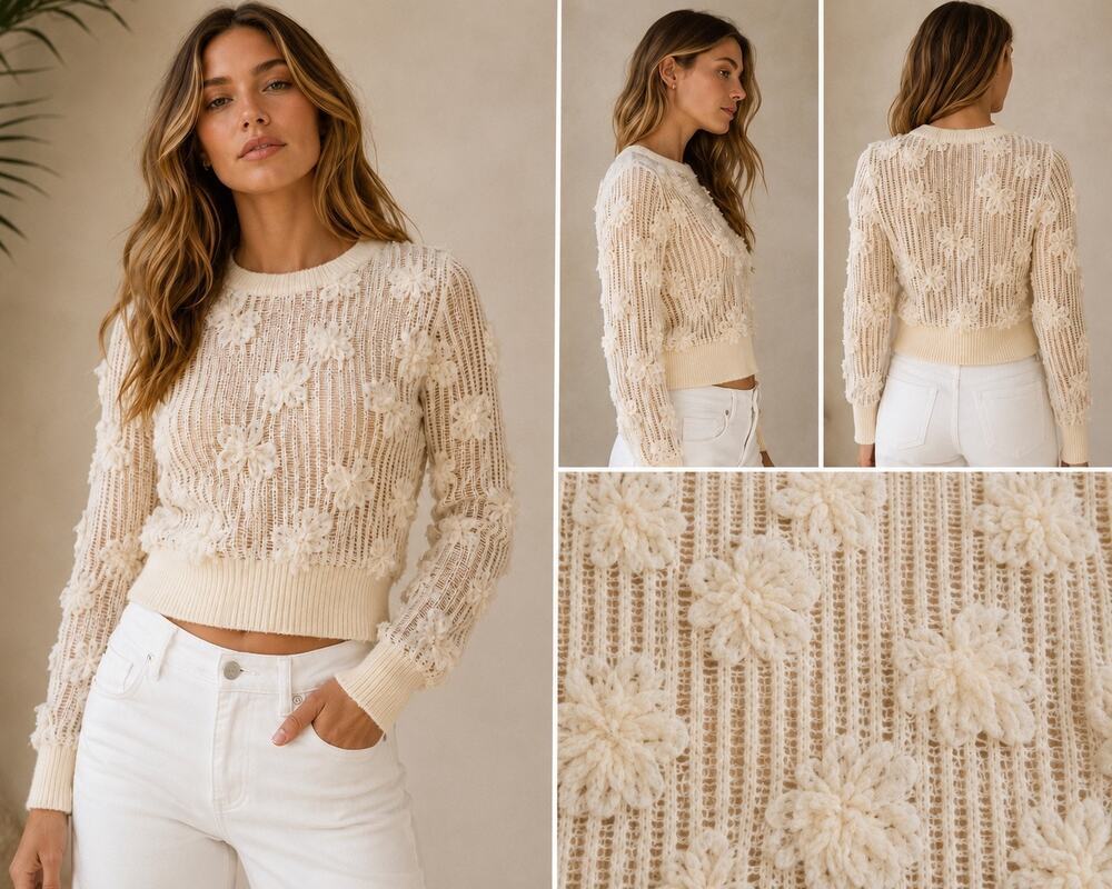 En Saison Ivory 3D Floral Sheer Knit Sweater Embellished Cropped Boho Romantic